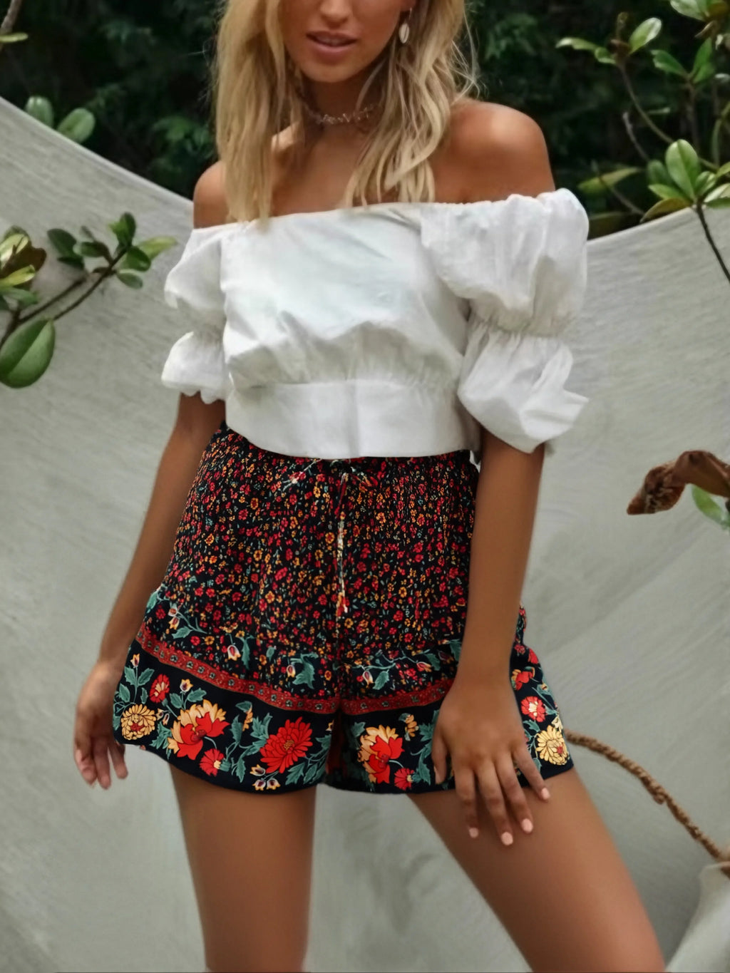 Floral Boho Shorts – Flowy Summer Gypsy Print (Black / Red / Cream) Floral Boho Shorts – Flowy Summer Gypsy Print (Black / Red / Cream) Shorts