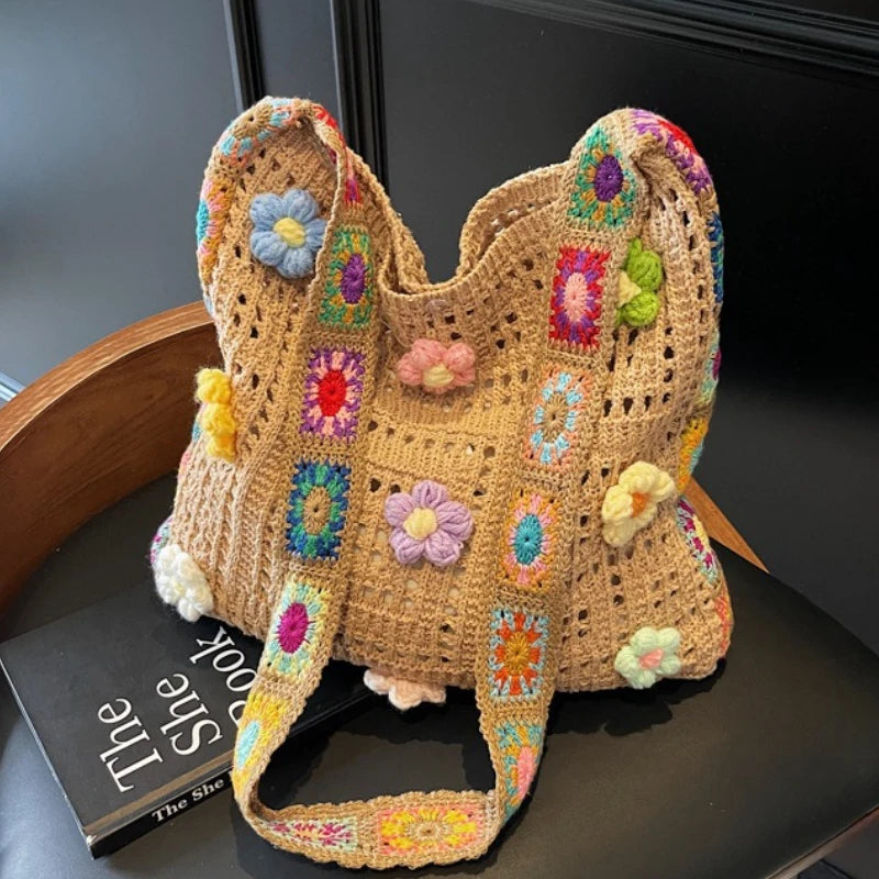 Rainbow Bloom Granny Square Crochet Tote – 6 Boho Colours (The Bag Everyone Photographs)