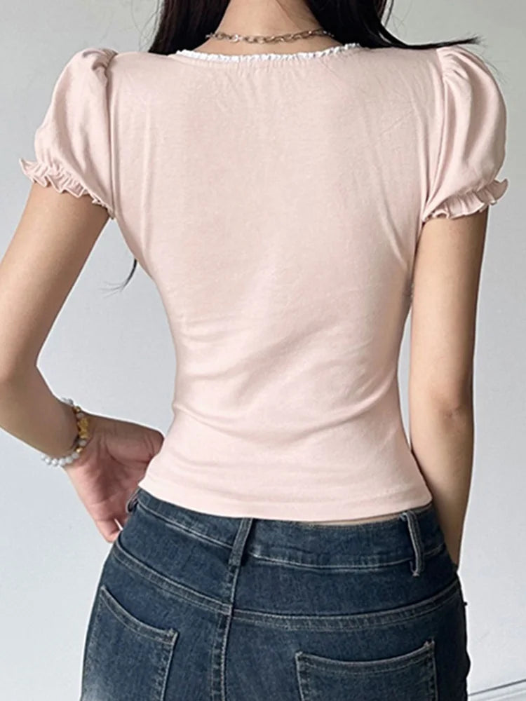 lush Pink Puff Sleeve Ruched Lace Trim Top with Ribbon Bow – Fairy Boho Blouse
