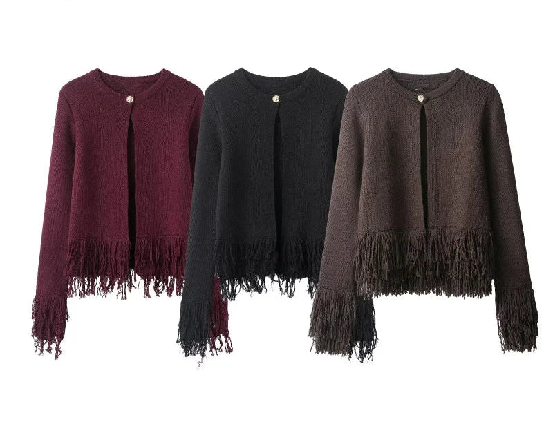 Fringed Cropped Cardigan – Boho Layering Essential (Burgundy / Black / Chocolate) Fringed Cropped Cardigan – Boho Layering Essential (Burgundy / Black / Chocolate)