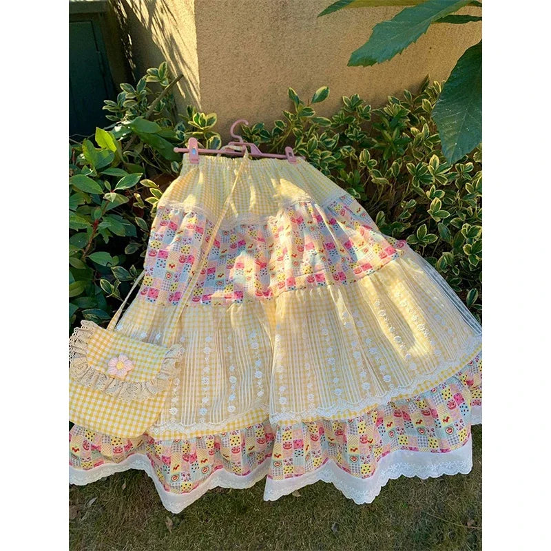 Honey Picnic Milkmaid Maxi Skirt – Gingham & Strawberry Patchwork Boho Dream