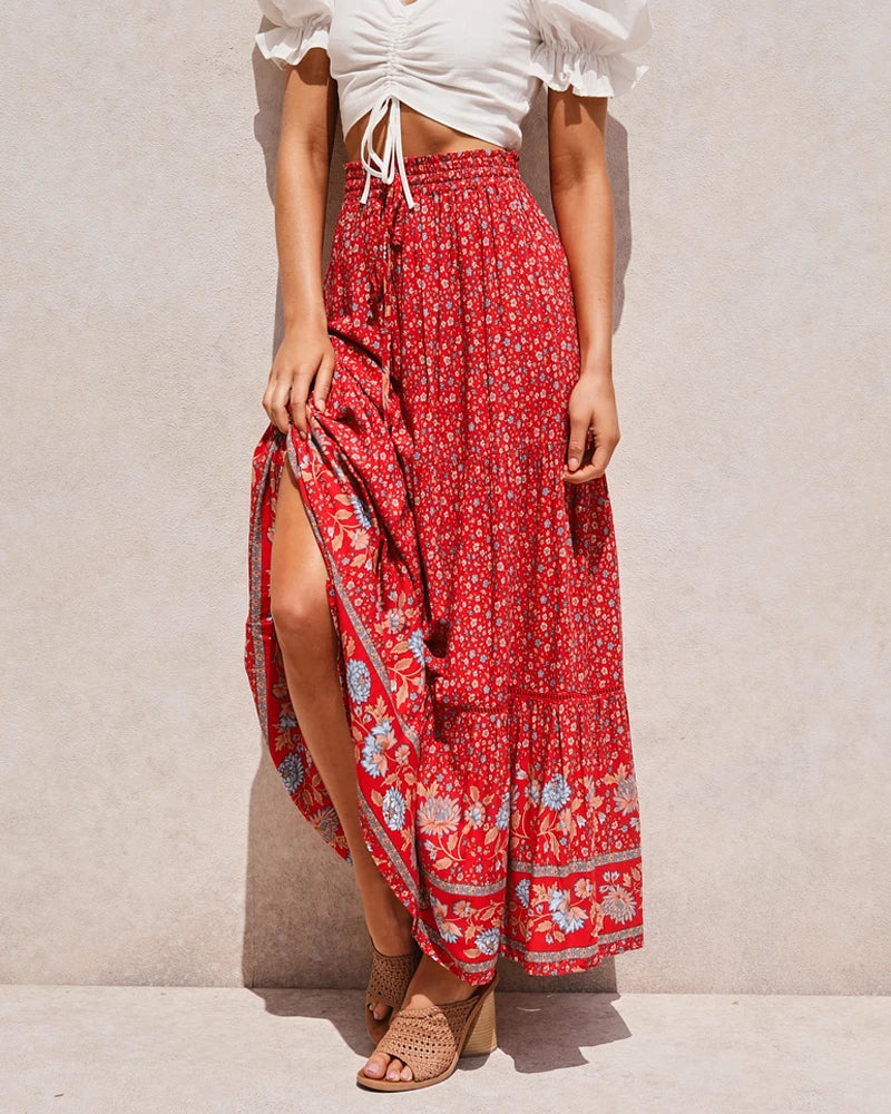 Smocked Floral Maxi Skirt – Boho Border Print Dream (Black / Navy / Red / Beige) Smocked Floral Maxi Skirt – Boho Border Print Dream (Black / Navy / Red / Beige) Skirt