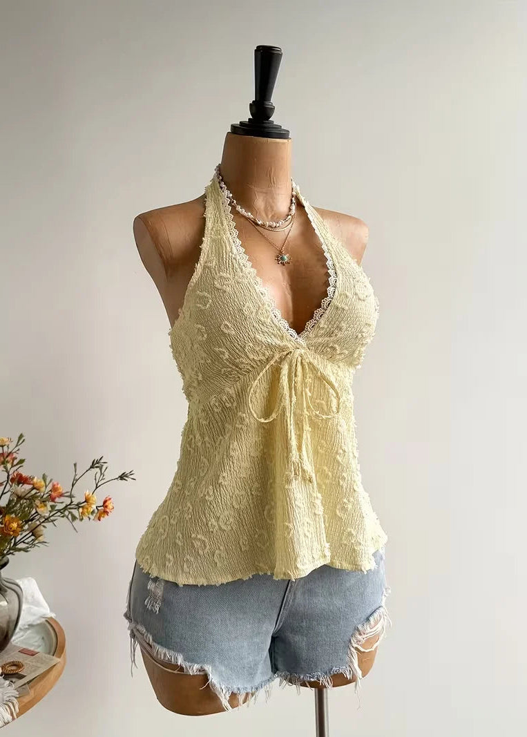 Cream Crochet Boho Lace Halter Crop Top