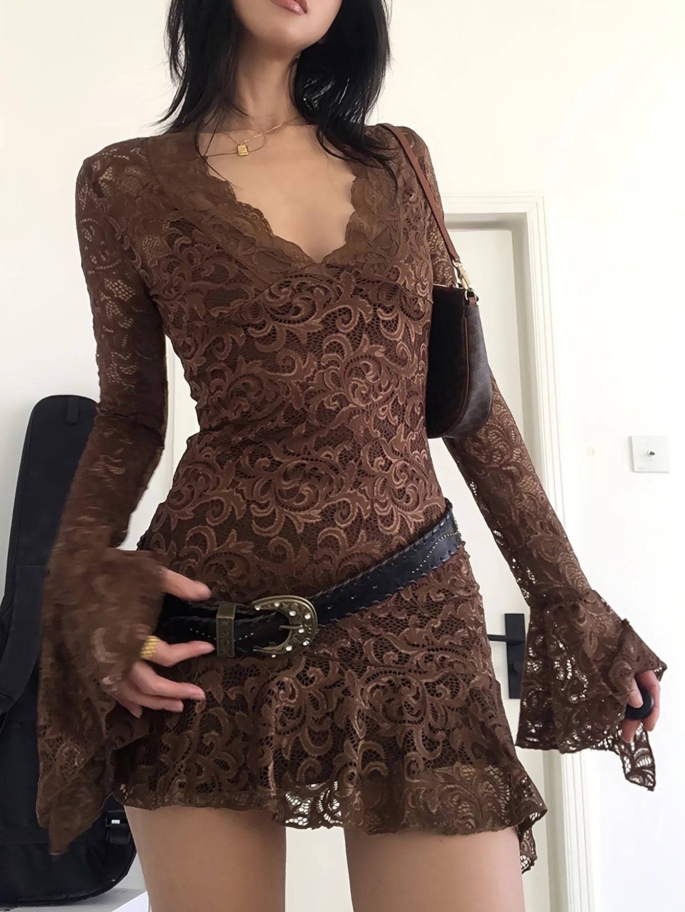 Mocha Lace Bell Sleeve Mini Dress – Boho Gothic Romance Mini
