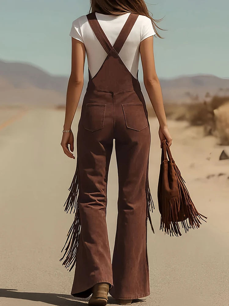 Gypsy Faux Suede Fringe Jumpsuit | Fringe Tassels & Buttons