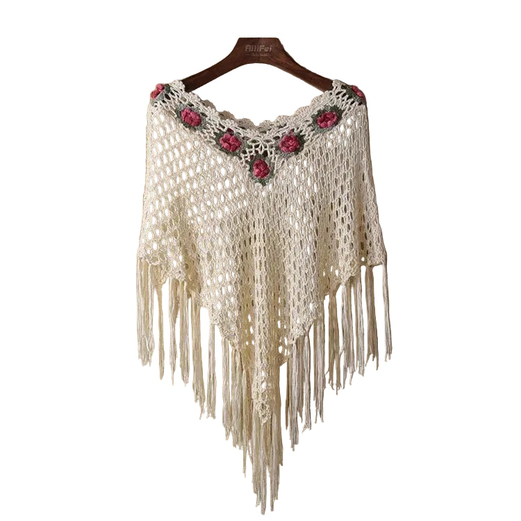 Floral Crochet Fringe Poncho – Boho Festival Wrap (Black / Cream / White) Cream Floral Crochet Fringe Poncho – Boho Festival Wrap (Black / Cream / White) Wrap