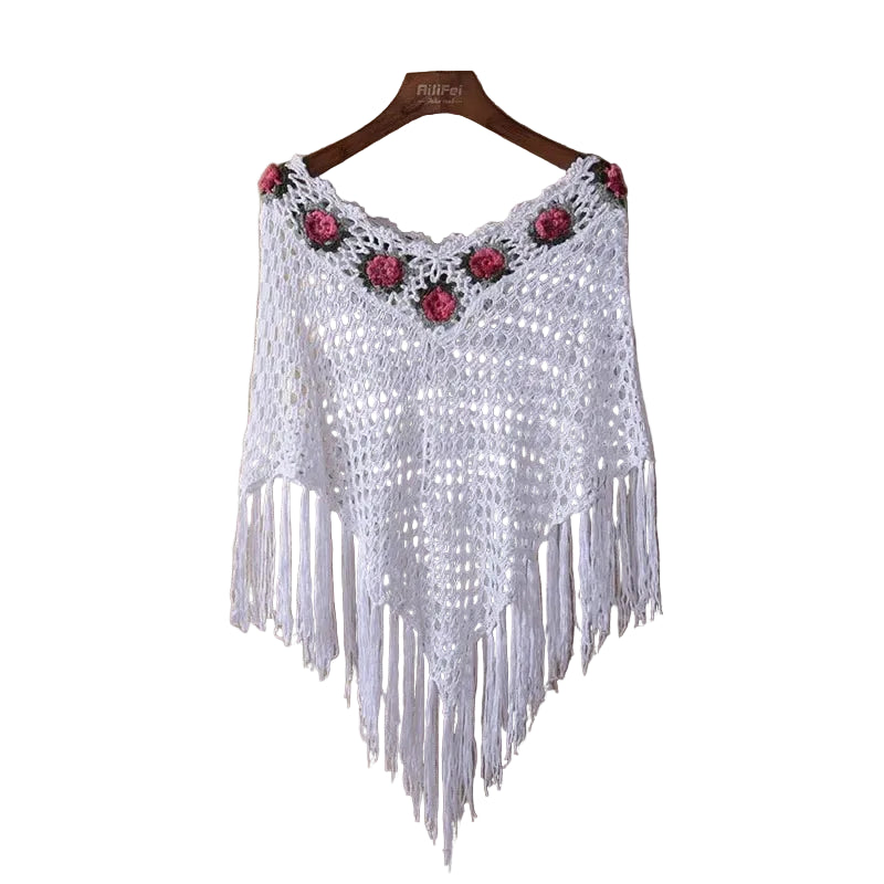 Floral Crochet Fringe Poncho – Boho Festival Wrap (Black / Cream / White) White Floral Crochet Fringe Poncho – Boho Festival Wrap (Black / Cream / White) Wrap