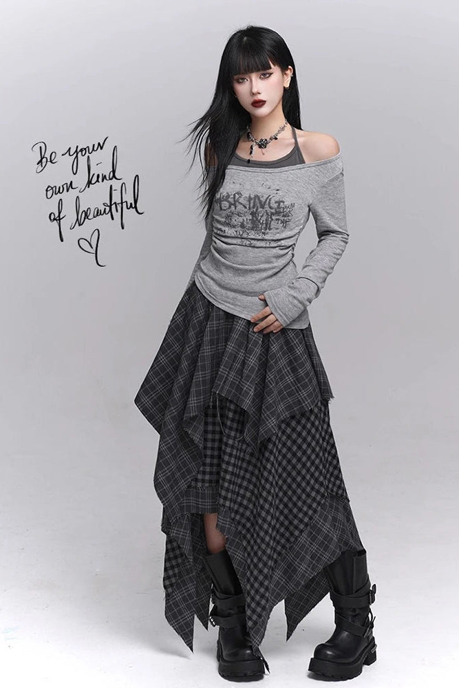 Y2K Boho Grunge Asymmetric Skirt