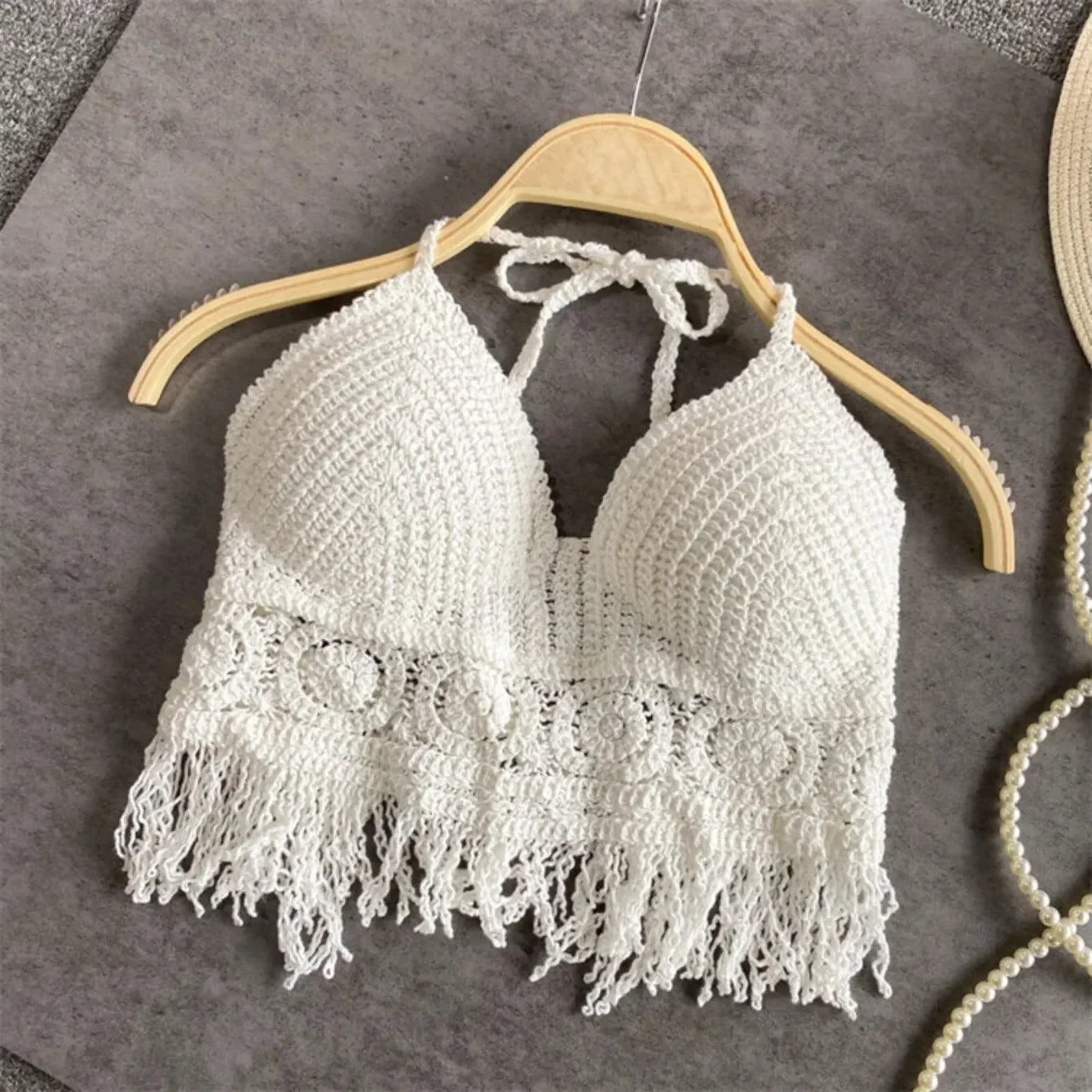 Boho Lace Fringe Halter Crop