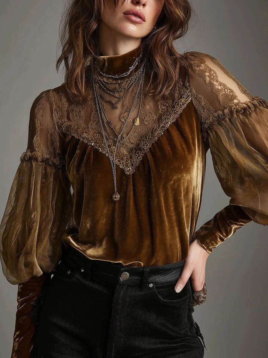 Golden Witch Velvet Lace Blouse – Boho Victorian Dream Top