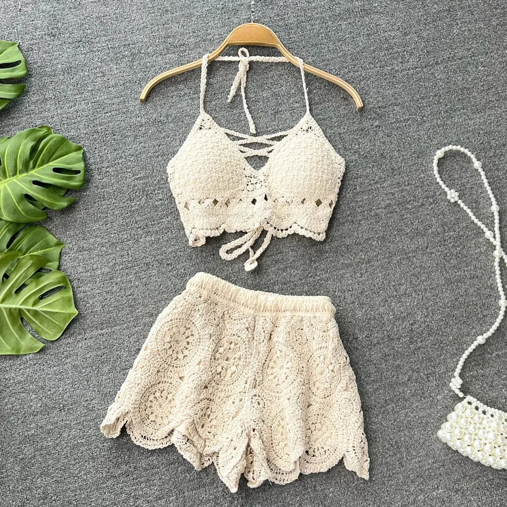 Crochet Two-Piece Set – Boho Halter Top & Shorts Co-ord (Cream / White) Cream One Size Crochet Two-Piece Set – Boho Halter Top & Shorts Co-ord (Cream / White) Beachwear