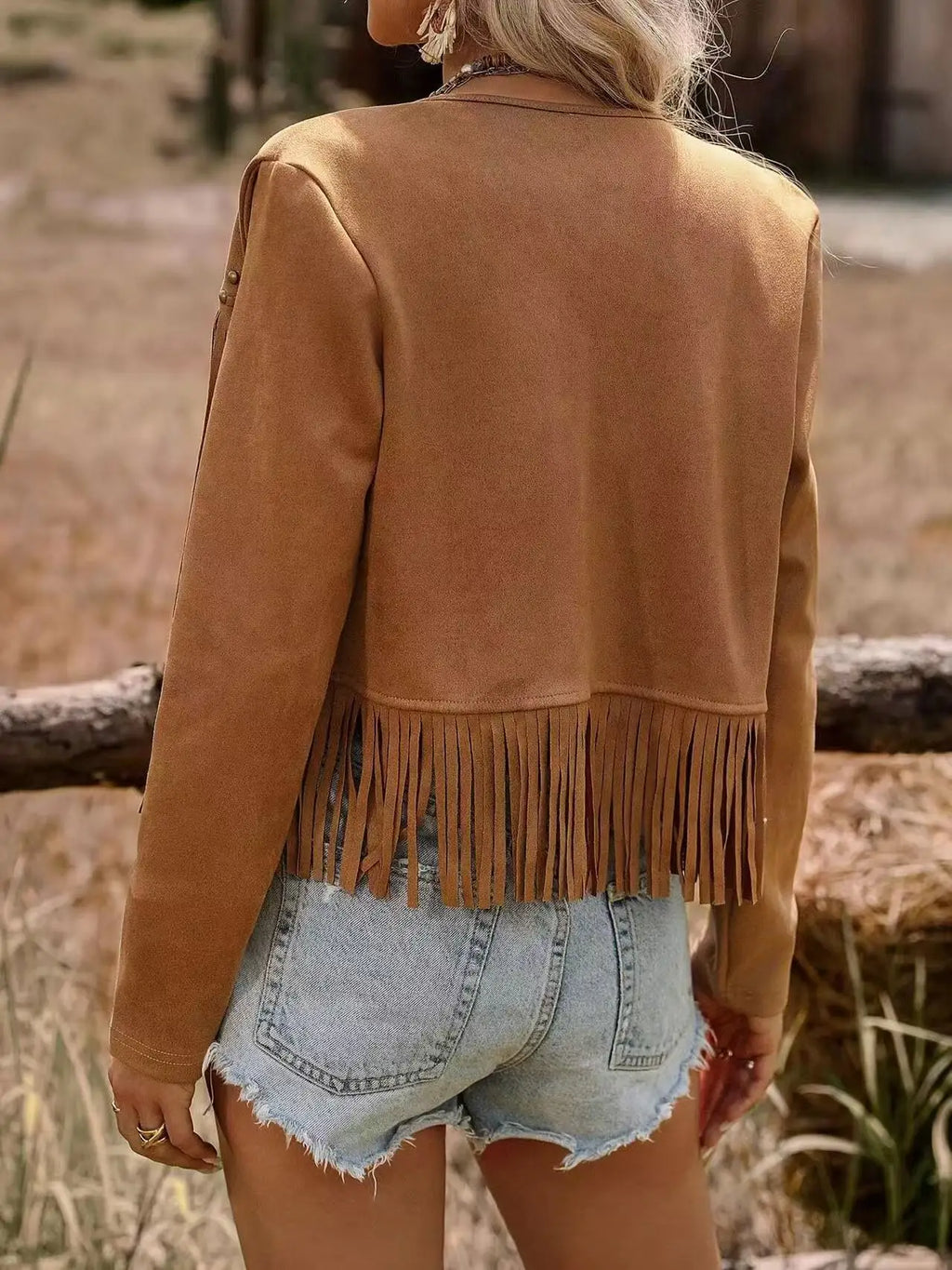Fringed Suede Jacket – Studded Boho Cropped (Black / Tan) Fringed Suede Jacket – Studded Boho Cropped (Black / Tan) Jacket