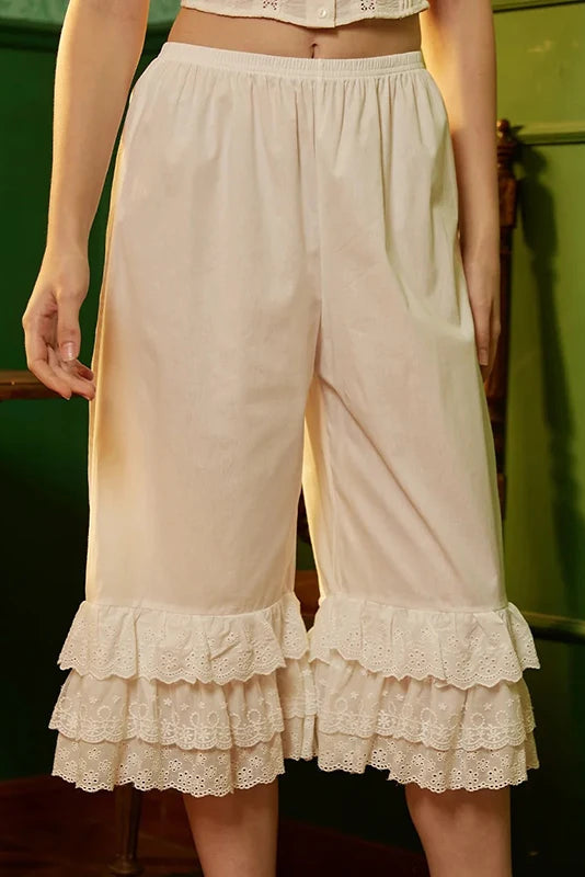 Ivory Lace Ruffle Culottes – Victorian Cottagecore Bloomers Pants