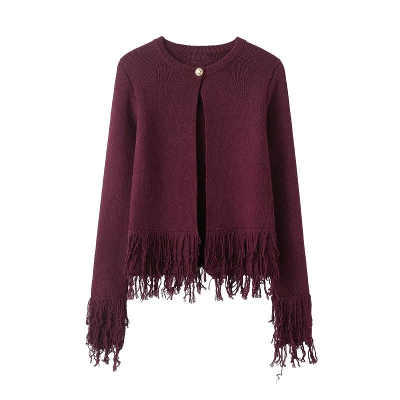 Fringed Cropped Cardigan – Boho Layering Essential (Burgundy / Black / Chocolate) Burgundy Fringed Cropped Cardigan – Boho Layering Essential (Burgundy / Black / Chocolate)