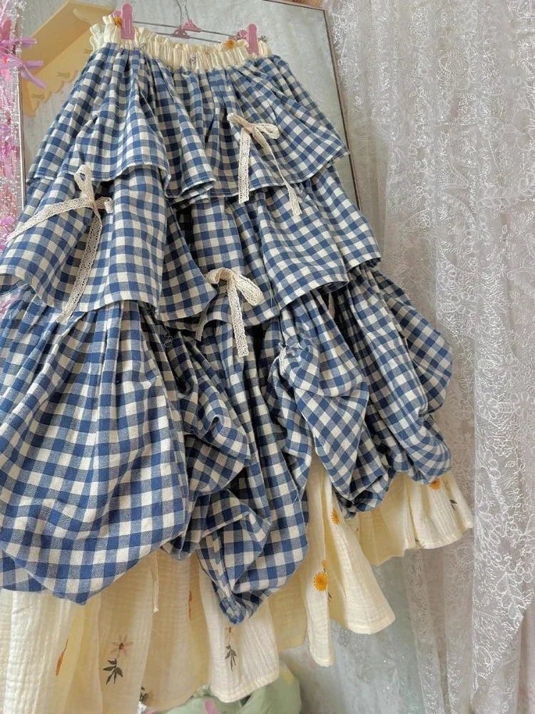 Sky Blue Gingham Tiered Prairie Skirt – Cottagecore Milkmaid Dream