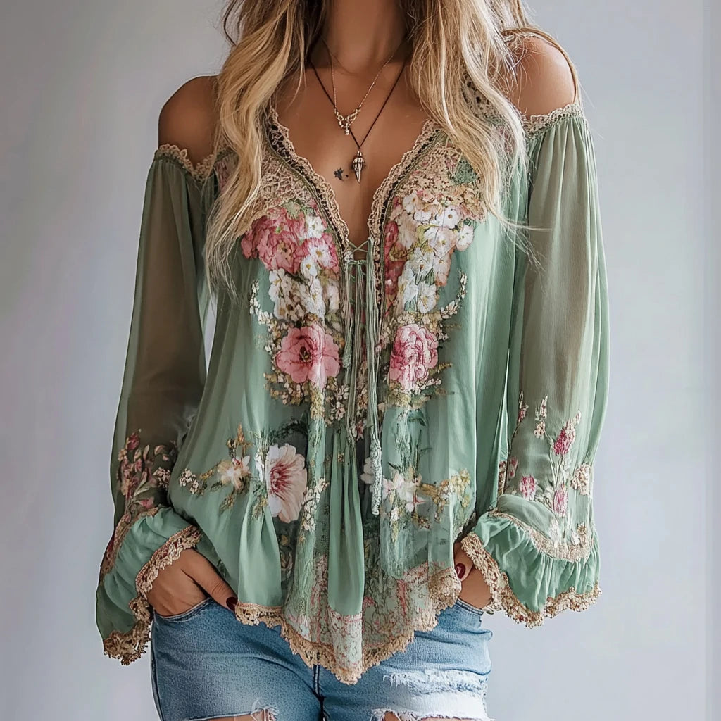 Sage Blossom Cold-Shoulder Gypsy Top – Fairy Garden Boho Dream