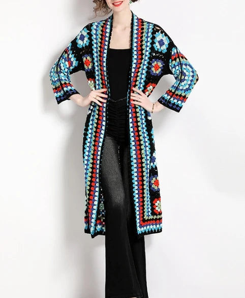 Basics Long Sleeves Vintage Hollow Out Hook Flower Chic Embroidered Knitted Cardigan Top Bohemian Vacation High Street Clothing