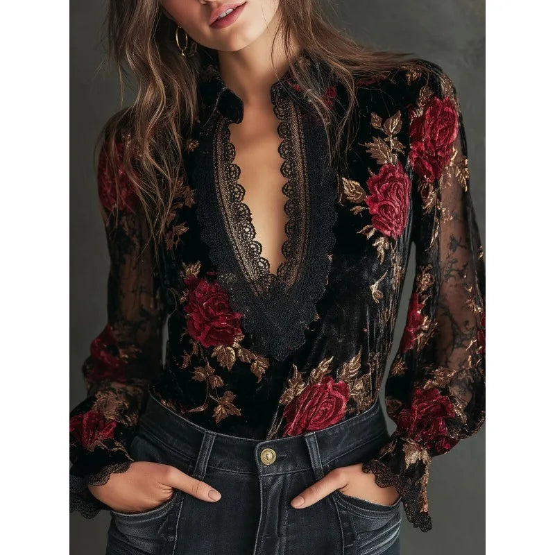 Enchanted Rose Velvet & Lace Blouse – Midnight Black (Showstopper)
