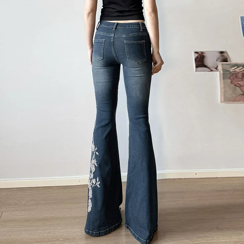 Moonlit Rose Embroidered Flare Jeans – Midnight Blue (Y2K Boho Dream)