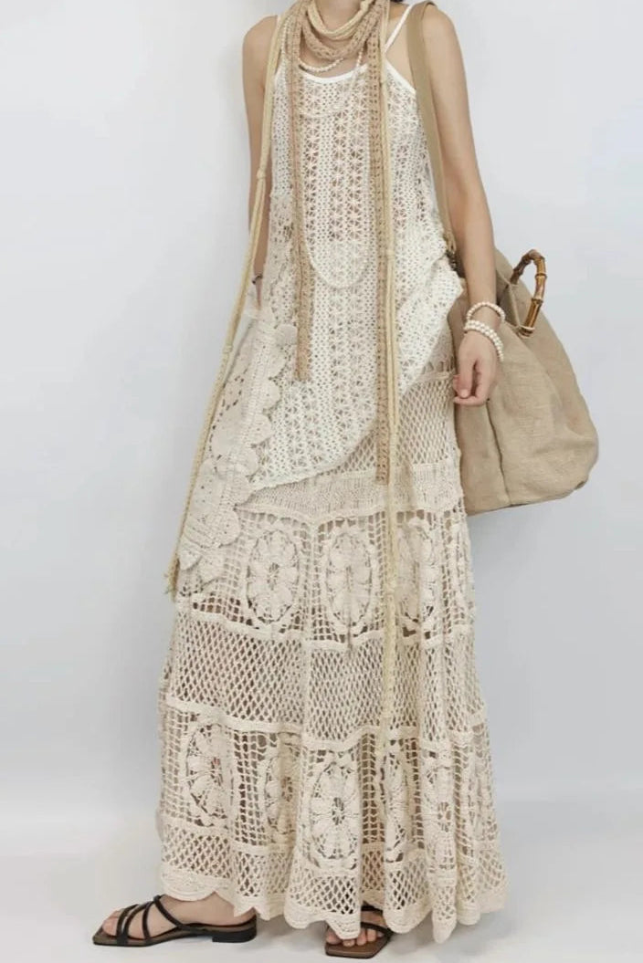 Floral Crochet Lace Maxi Dress – Boho Gypsy Layering Gown (Cream) Floral Crochet Lace Maxi Dress – Boho Gypsy Layering Gown (Cream) Dress