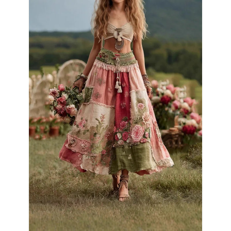 Wild Rose Patchwork Maxi Skirt – Vintage Floral Dream