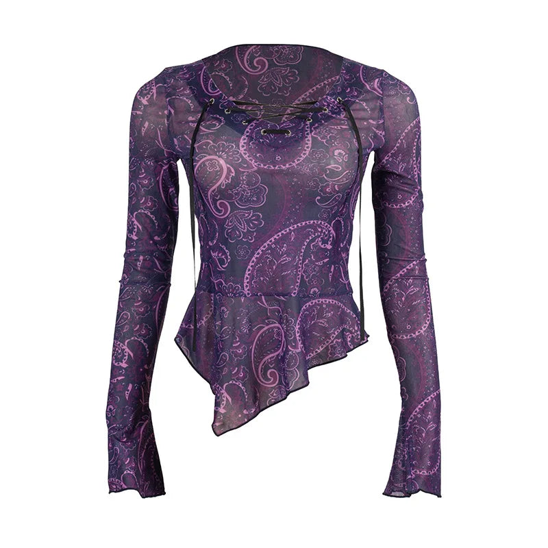 Purple Paisley Mesh Lace-Up Long Sleeve Top – Dark Boho Gothic Fairy Top