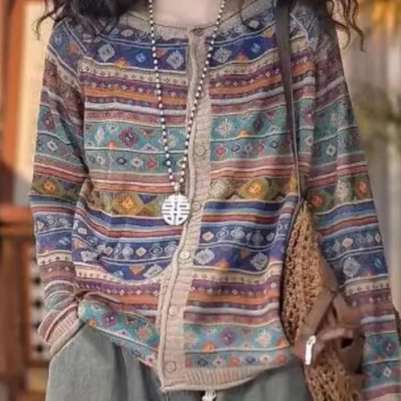 Bohemian Retro Round Neck Printed Knit Cardigan Loose Long Sleeve Sweater