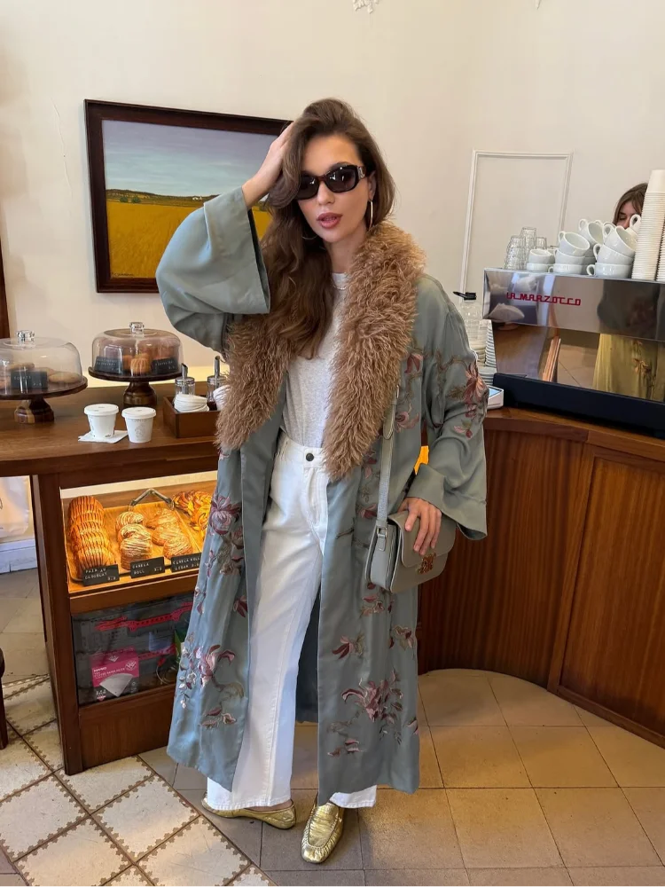 Vintage-Inspired Sage Floral Embroidered Kimono Coat with Luxe Faux Fur Collar