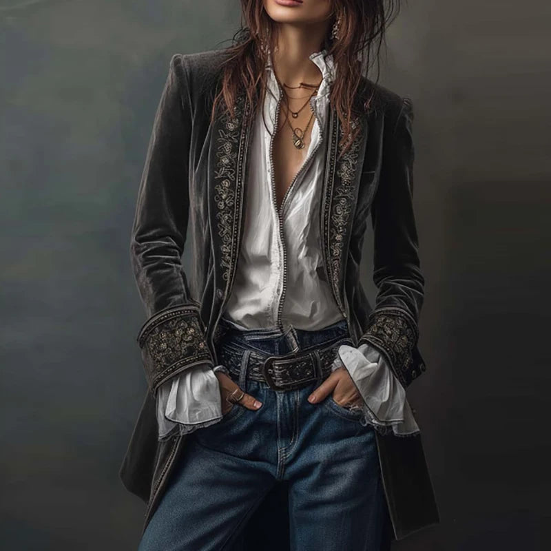 Vintage Ethnic Floral Print Velvet Women's Coat Fall Chic Stand Collar Slim Jacket Cardigan Winter Long Sleeve Female Outerwears