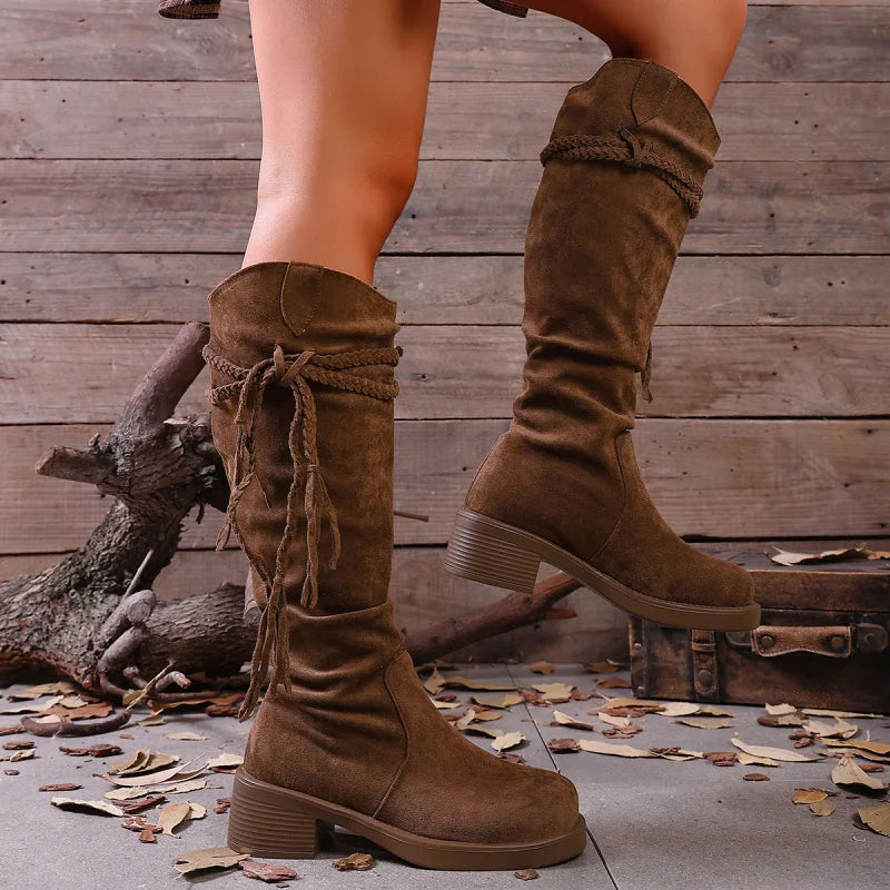 Suede Fringe Tall Cowboy Boots – Boho Western Knee-High Booties