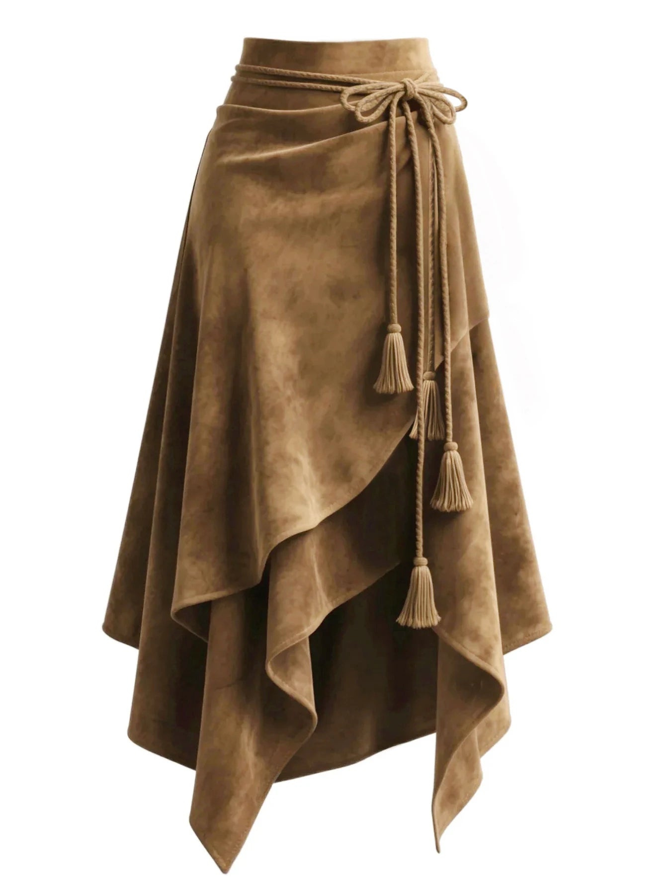 Tan Suede Wrap Asymmetrical Midi Skirt with Tassel Tie – Boho Gypsy Layering Essential