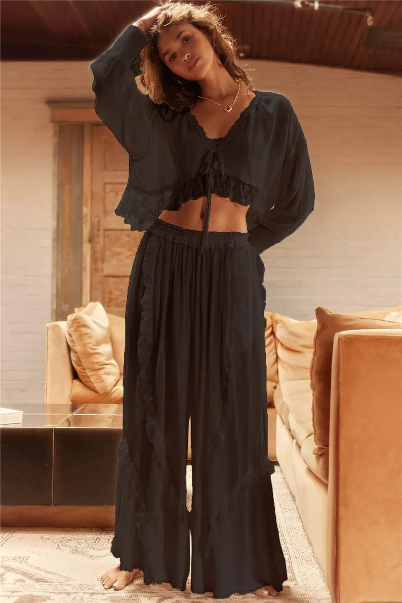 Sheer Lace Ruffle Lounge Set