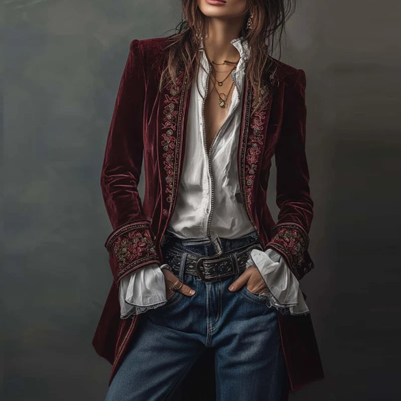 Vintage Ethnic Floral Print Velvet Women's Coat Fall Chic Stand Collar Slim Jacket Cardigan Winter Long Sleeve Female Outerwears