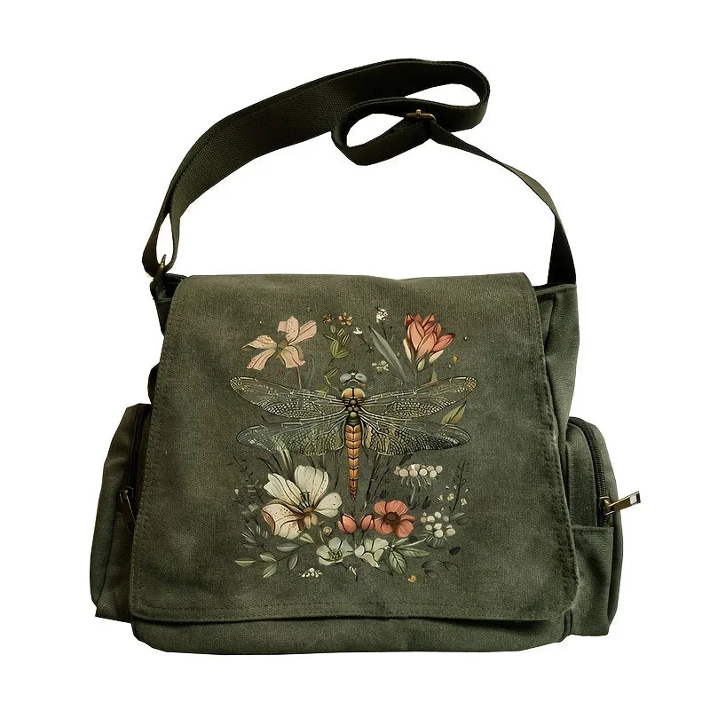 Olive Green Dragonfly Floral Canvas Messenger Bag – Boho Nature Crossbody Purse