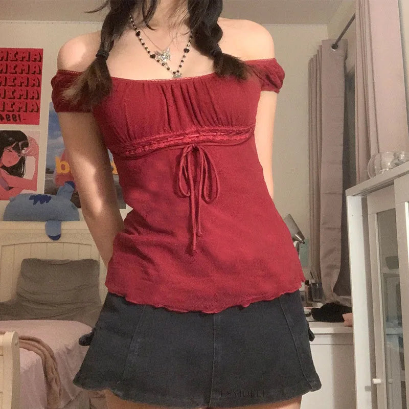 Romantic Off-Shoulder Ruched Lace Trim Top with Tie Bow – Gypsy Boho Essential (Red, White, Black)