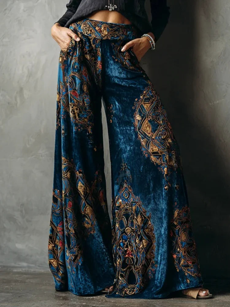 Midnight Peacock Velvet Palazzo Pants – Boho Gypsy Goddess Flares