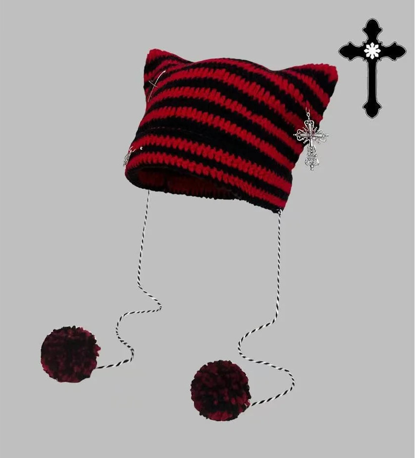 Cat-Ear Striped Beanie with Pom-Poms – 6 Grunge-Fairy Colours (The Cutest Winter Hat You’ll Ever Own) Red Black + Cross One Size Cat-Ear Striped Beanie with Pom-Poms – 6 Grunge-Fairy Colours (The Cutest Winter Hat You’ll Ever Own) Hats