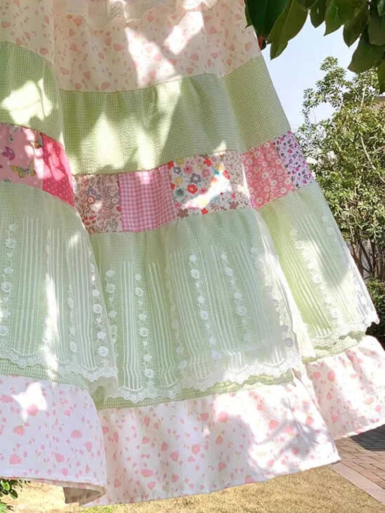 Strawberry Mint Patchwork Fairy Skirt – Cottagecore Boho Dream Tiered Maxi Strawberry Mint Patchwork Fairy Skirt – Cottagecore Boho Dream Tiered Maxi Skirt