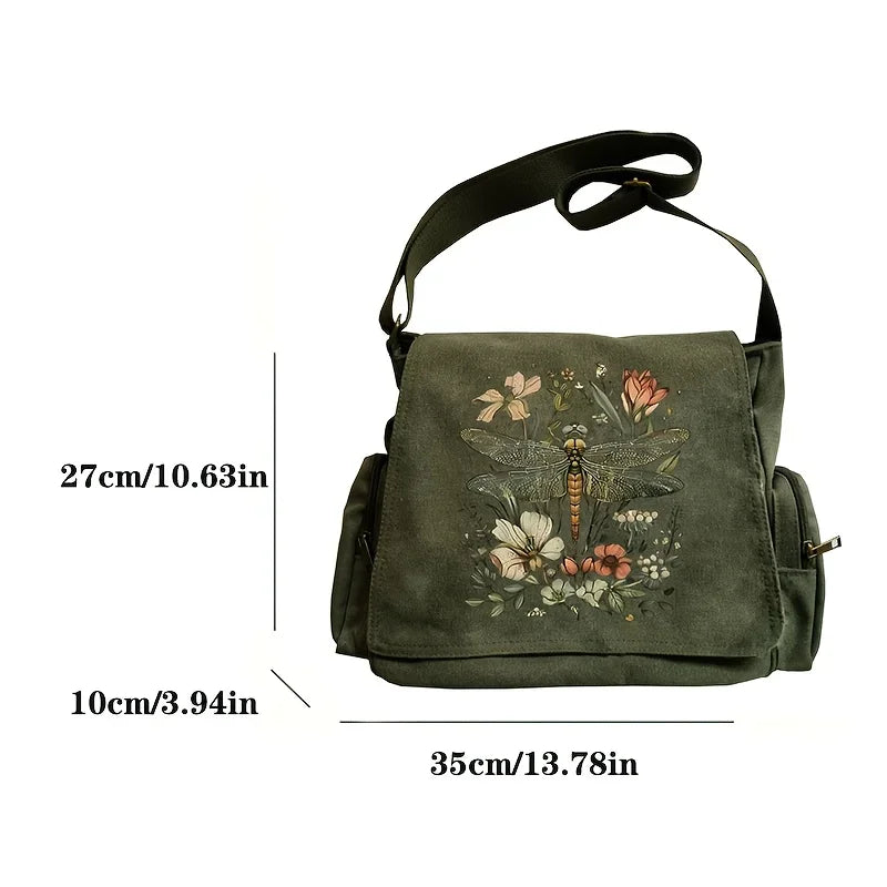 Olive Green Dragonfly Floral Canvas Messenger Bag – Boho Nature Crossbody Purse