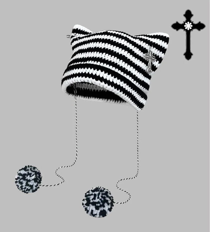 Cat-Ear Striped Beanie with Pom-Poms – 6 Grunge-Fairy Colours (The Cutest Winter Hat You’ll Ever Own) Black White + Cross One Size Cat-Ear Striped Beanie with Pom-Poms – 6 Grunge-Fairy Colours (The Cutest Winter Hat You’ll Ever Own) Hats