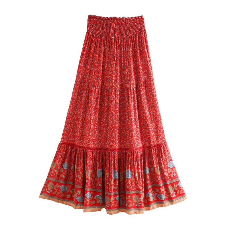 Smocked Floral Maxi Skirt – Boho Border Print Dream (Black / Navy / Red / Beige) Red Smocked Floral Maxi Skirt – Boho Border Print Dream (Black / Navy / Red / Beige) Skirt
