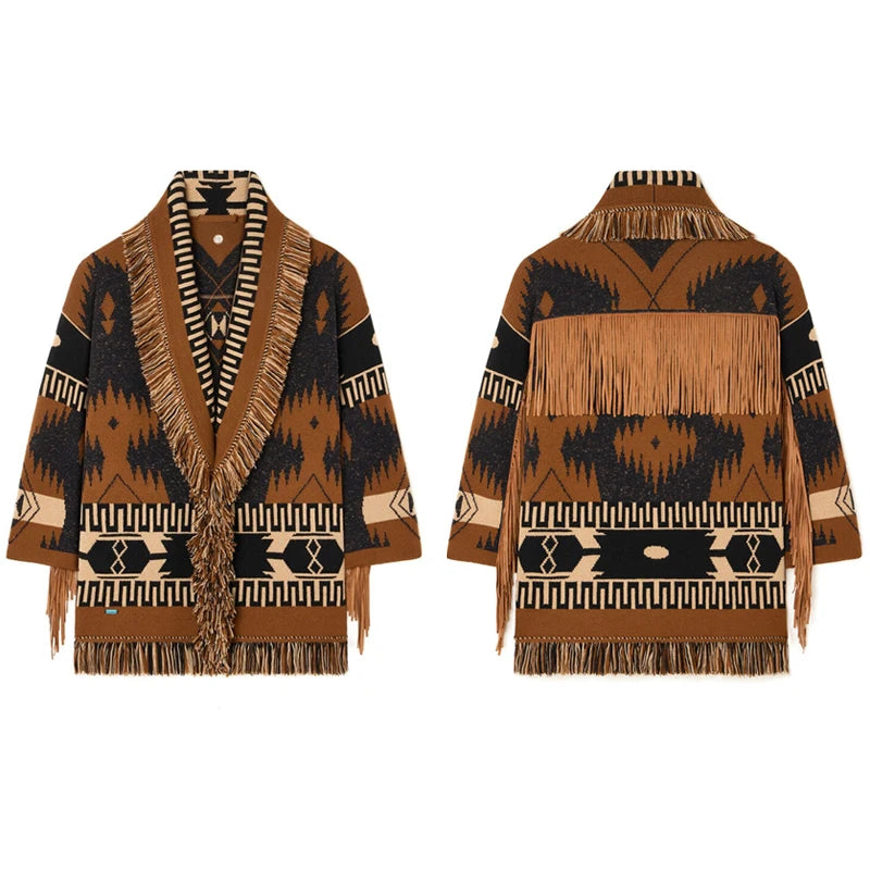 Tassel Patchwork Printed Belt Cardigan Women Turn-down Collar Long Sleeve Knitted Fashion Sweater Vintage Autumn 2025 Cardigans