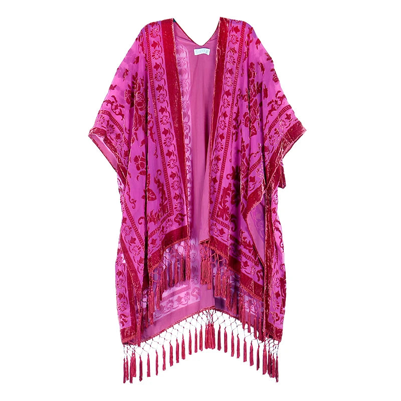 WeHello Bohemian burnt plush kimono Women's long Purple Tassel Beach Cover-up  Holiday Casual Cardigan Shawl JYPF-20