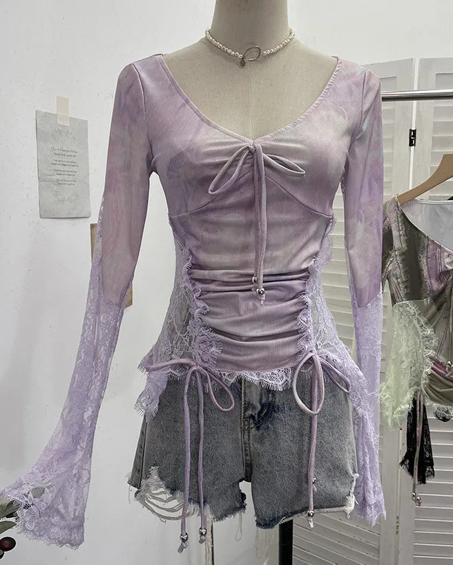 Pastel Mesh Lace-Up Corset Top – Fairy Grunge Long Sleeve Crop (Pink, Lilac, Mint, Black)