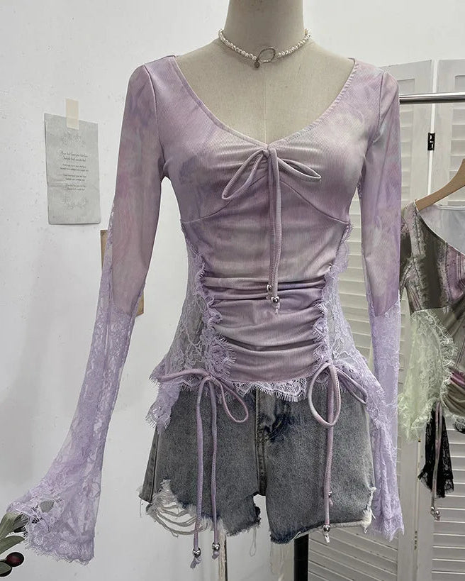 Pastel Mesh Lace-Up Corset Top – Fairy Grunge Long Sleeve Crop (Pink, Lilac, Mint, Black)