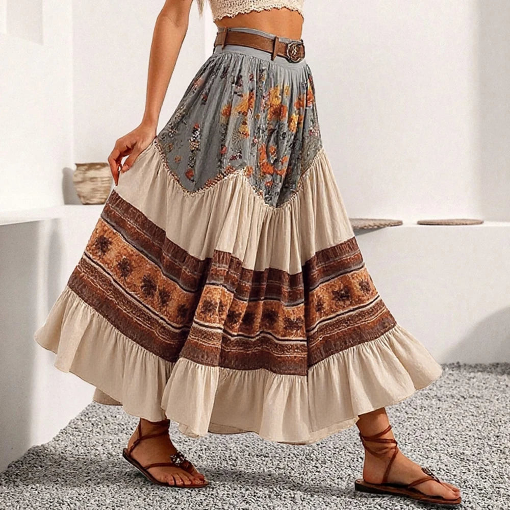 Meadow Wanderer Tiered Maxi Skirt – Vintage Floral Sage & Cinnamon