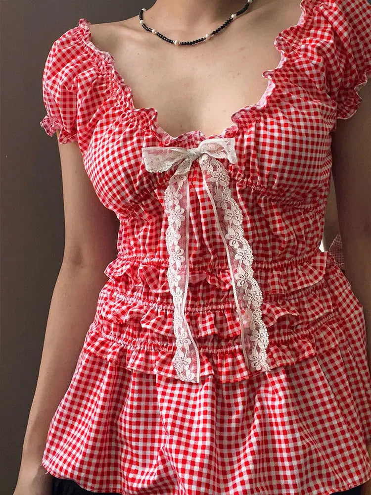 Cherry Red Gingham Coquette Peplum Crop Top – Lace Bow Romance