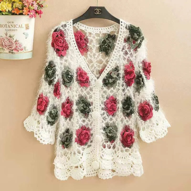 Rose Garden Mohair Crochet Cardigan – Floral Boho Dream Cardi