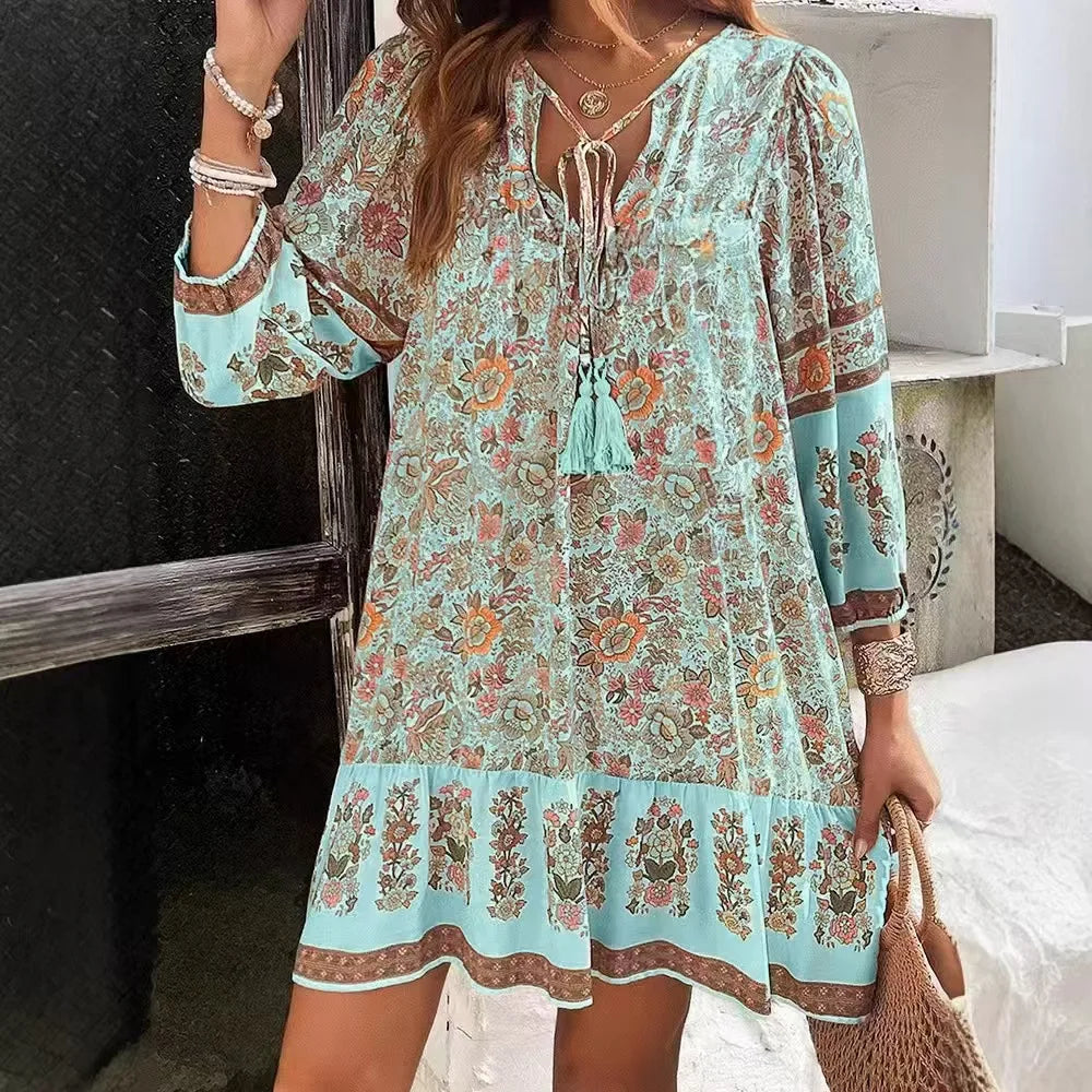 Romantic Floral Print Boho Mini Dress with Tassel Tie & Ruffle Hem – Gypsy Wanderlust Essential (Beige, Mint, Terracotta)