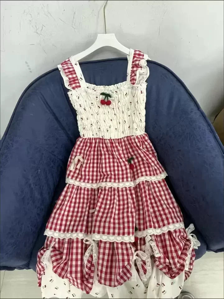 Cherry Sweetheart Gingham Milkmaid Dress – Vintage Boho Picnic Dream
